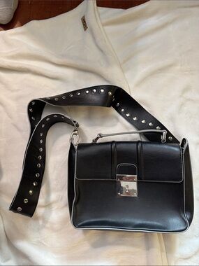 Black Leather Crossbody Bag with Studded Strap